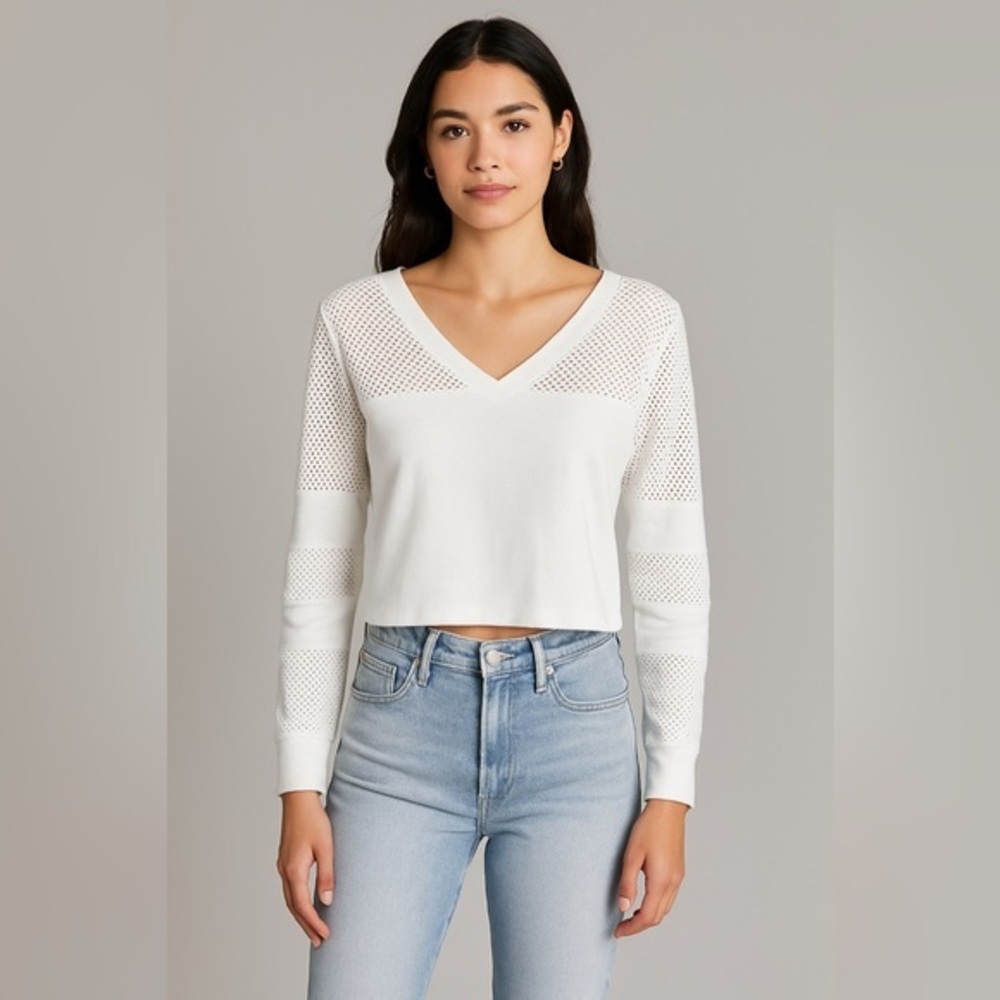 Electric and Rose White Mesh Contrast Long Sleeve Cropped Sweater NWT L #1902